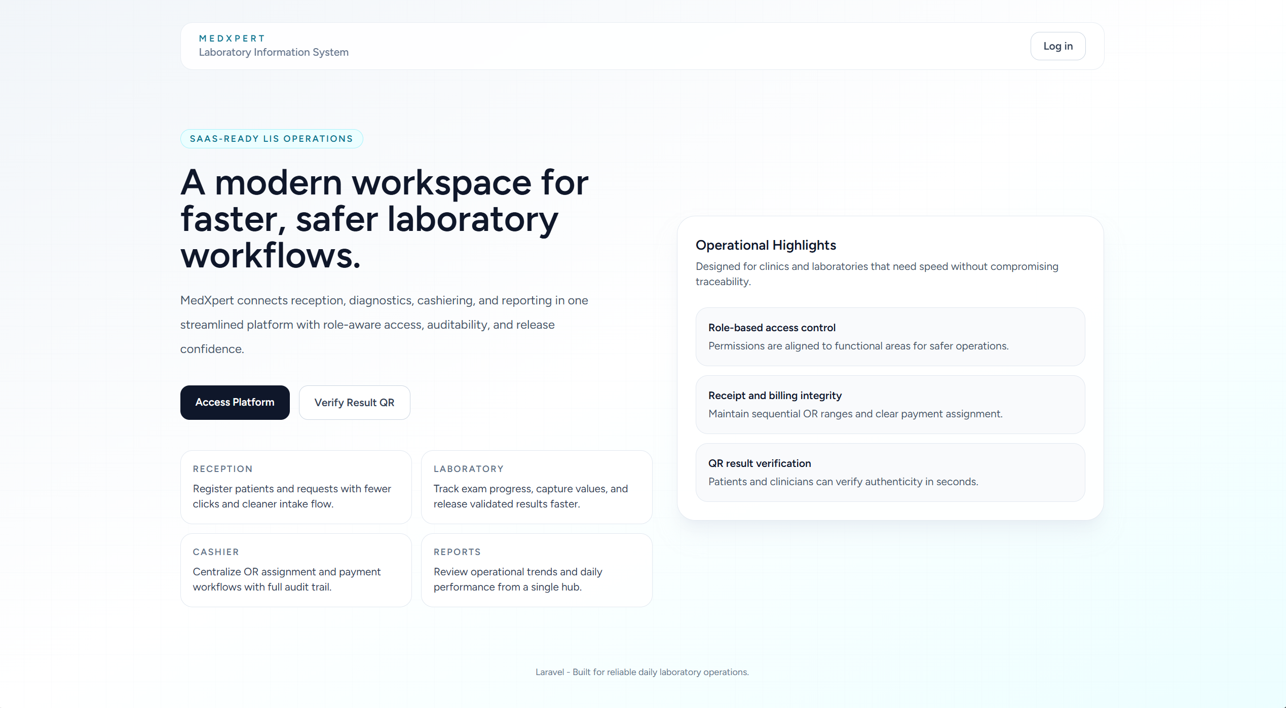 Laboratory Information System — Landing page