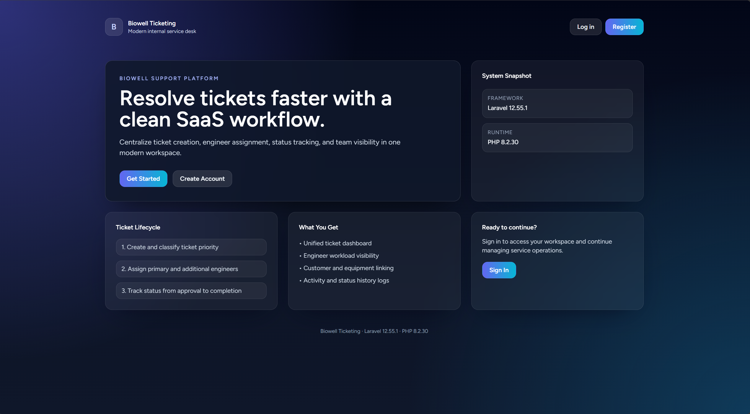 Internal Ticketing System — Landing page